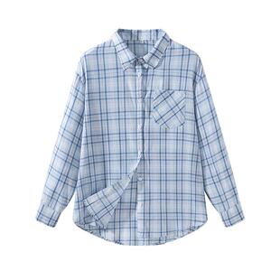 班尼路S&K系列浅蓝格子衬衫女春夏新款宽松休闲POLO领衬衣外套女Q