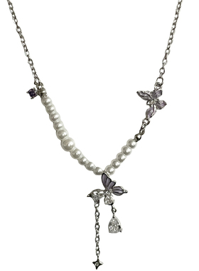 夏日超仙紫色蝴蝶珍珠甜酷项链