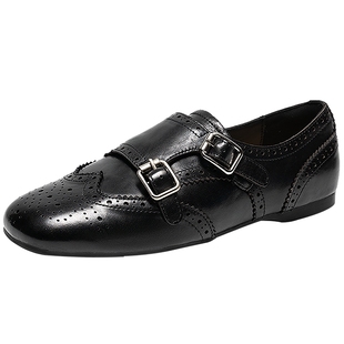 千百度扣饰内增高乐福鞋女2026春新款豆豆鞋黑色布洛克小皮鞋单鞋