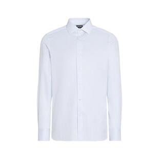 礼物ZEGNA杰尼亚男装白色配浅蓝色细条纹Trofeo™棉质衬衫