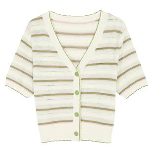 ibudu2025夏季新款镂空条纹针织衫V领毛衫短款轻薄开衫短袖女