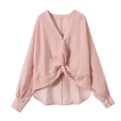 淘么淘 穿出杂志封面腔调！纯苎麻V领扭结宽松上衣衬衫女新款