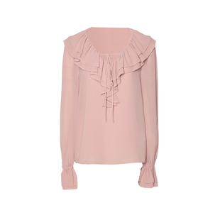 DPLAY粉色长袖雪纺衬衫甜美气质V领荷叶边上衣2026年春季新款