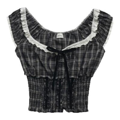 【现货】fletta bloom撞色木耳边格纹背心女夏季韩东大门露脐吊带