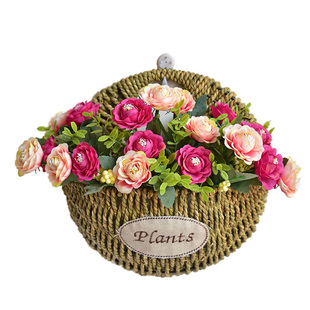 田园草编墙面壁挂装饰花篮藤编仿真干花花篮套装欧式创意手工花盆