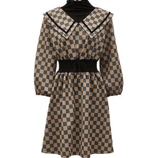 Vero Moda奥莱连衣裙2024秋冬新款收腰翻领格纹七分袖假两件裙子