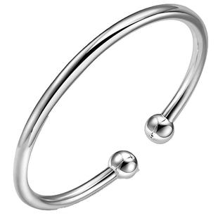 九乐999银手镯女纯银开口圆珠光面实心蒜头足银镯年轻款送女友礼