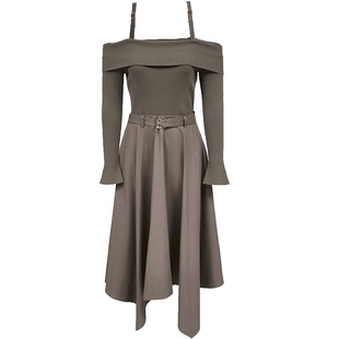 ONLY2026春季新款优雅拼接假两件吊带露肩长袖A字伞裙连衣裙女