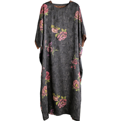 印花文艺真丝连衣裙落肩茧型长袍