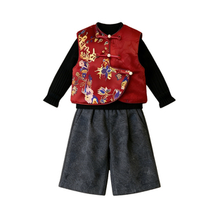 宝宝国风拜年服套装冬季婴儿马甲喜庆一整套衣服冬装小月龄周岁服