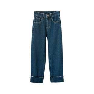 洋气大翻边~!巨显腿直 高腰加绒牛仔裤女冬宽松休闲九分直筒裤子