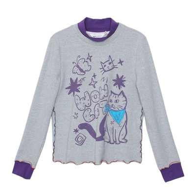 MOVEUP幻走2025秋季新款.FUN系列撞色拼接印花密边线短款T恤女