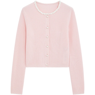 bebe2025秋冬新款女士糖果色圆领花边通勤含羊毛针织开衫430610