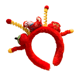 新年红色马年扭扭棒毛绒发箍女可爱卡通秋冬头饰装扮道具洗脸头箍