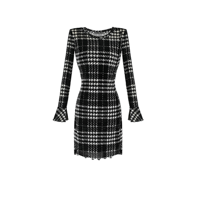 大婷婷 长袖秋季名媛风千鸟格格子连衣裙显瘦小香风女装DT1619