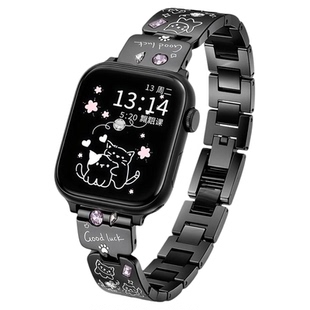 适用苹果S10表带s11可爱涂鸦小猫金属皓石applewatchs9/s8/7/6/5/手镯链式Se3苹果手表ss10小众ultra3替换带