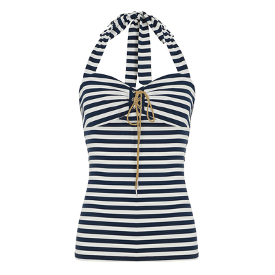 WEEKEEP 辣妹撞色条纹胸型挂脖系带露背吊带背心百搭修身收腰上衣