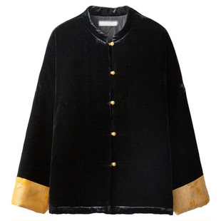 丝艺100%桑蚕丝填充国风撞色挽袖丝绒棉服立领单排扣真丝棉衣外套