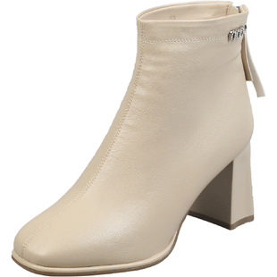 福禄桐时装靴女2025新款冬季短靴瘦瘦气质粗跟加绒靴子短筒高跟靴