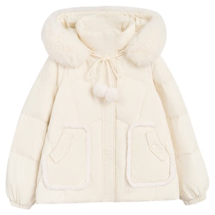 紫涵短款大毛领连帽羽绒服女2025年冬季新款户外保暖红色鸭绒外套