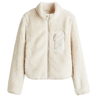 HM童装女童外套冬季立领毛绒合身夹克落肩外套1294333