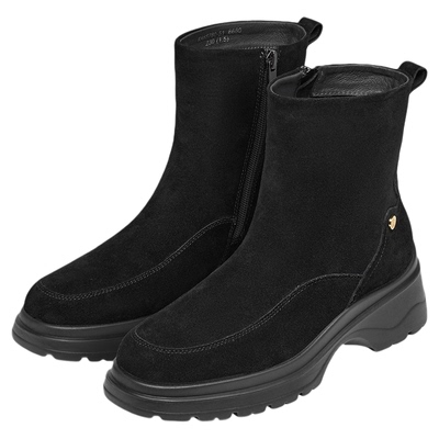 KISSCAT接吻猫舒适户外西部靴增高黑色短靴厚底绒面弹力瘦瘦靴女