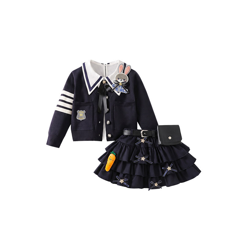 女童秋装2026套装学院风jk毛衣三件套裙子儿童生日衣服兔子警官秋