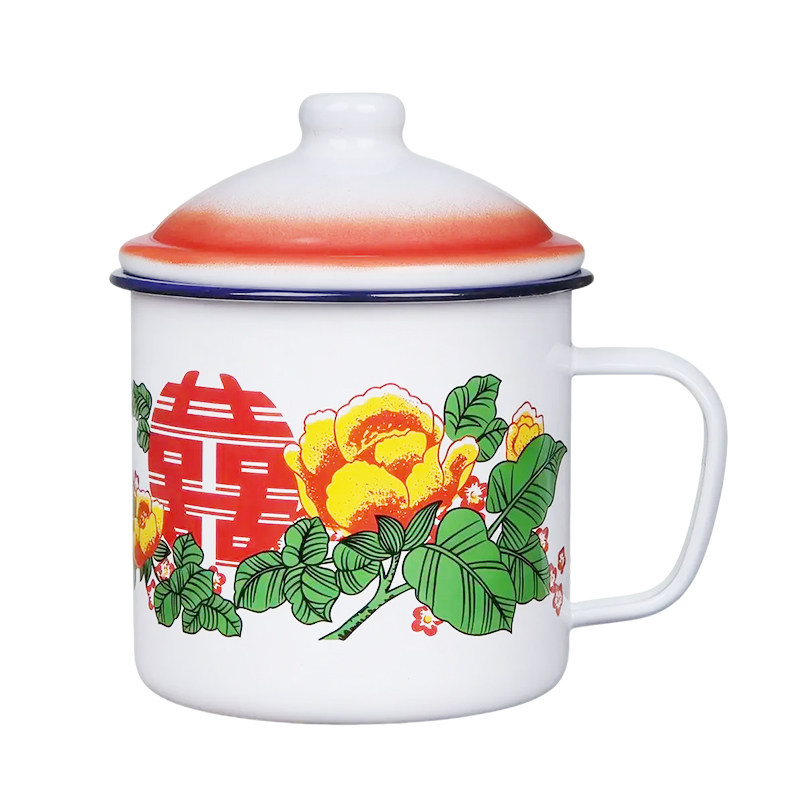 怀旧双喜搪瓷杯带盖茶缸子大容量