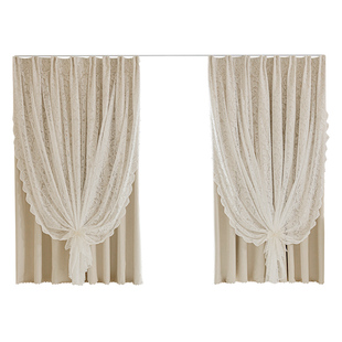 窗帘全遮光布纱一体双层飘窗客厅卧室法式田园免打孔安装2025新款