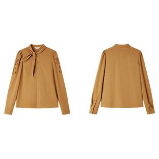 PIT纯色立领镂空领结长袖衬衫女2025冬休闲商务职业内搭上衣