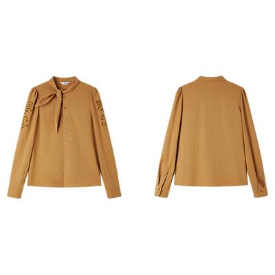 PIT纯色立领镂空领结长袖衬衫女2026春休闲商务职业内搭上衣