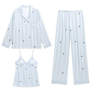 乐姿梦冰丝绸睡衣女带胸垫三件套春秋季长袖吊带性感高级感家居服