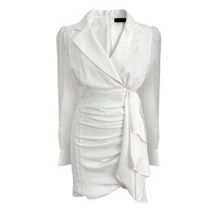 法式西装连衣裙复古小众气质白色长袖女初秋v领修身收腰短款裙子