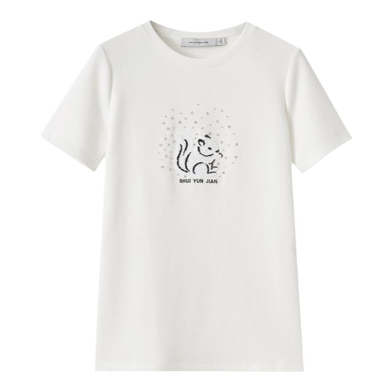 水云间松鼠刺绣白色短袖T恤女2024夏季新款设计时尚百搭正肩上衣