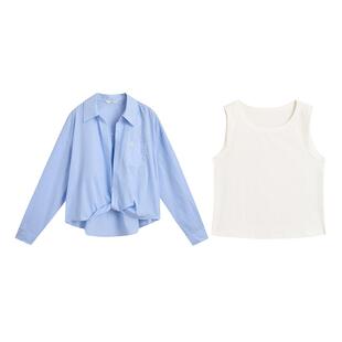 紫涵圆领内搭上衣宽松短款简约衬衫外套休闲两件套装女春秋季新款