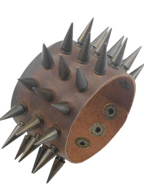 银色细长尖刺子弹头铆钉皮棕手环