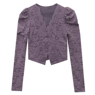 性感V领蕾丝上衣开叉