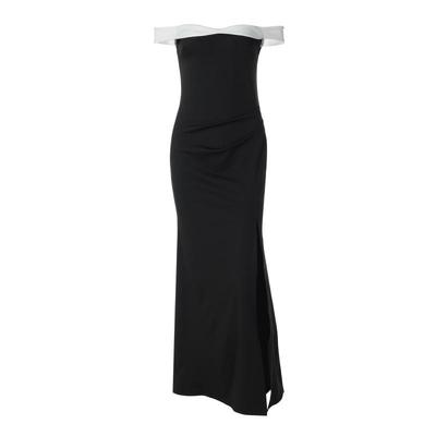 法式一字肩黑色无袖连衣裙长裙