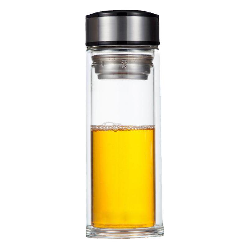 加厚底水晶双层玻璃杯过滤泡茶杯隔热带盖杯办公杯透明水杯大容量