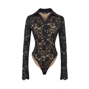 双层浮雕衬衫领长袖连体衣女春秋紧身性感蕾丝打底衫内搭连裆上衣