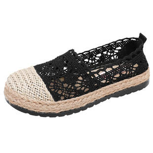 网面渔夫鞋女夏季新款透气镂空蕾丝网鞋亚麻凉鞋老北京布鞋一脚蹬