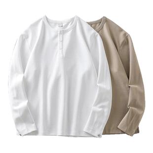 270G重磅亨利领t恤男长袖春秋季美式亨利衫卫衣休闲纯白色打底衫