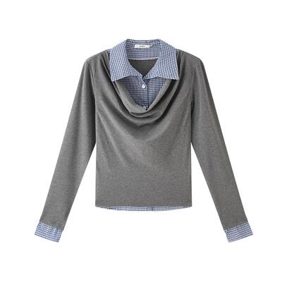 三福长袖上衣2026新款春季格子翻领荡领假两件拼接上衣女装516733
