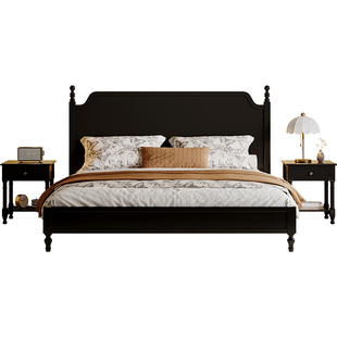 法式复古全实木主卧床1.8米美式双人床黑色中古风次卧1.5米儿童床