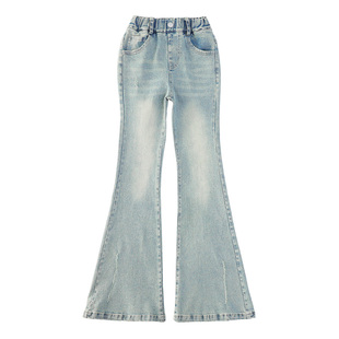 女童加绒牛仔裤冬装新款弹力修身儿童冬季裤子大童松紧腰微喇叭裤