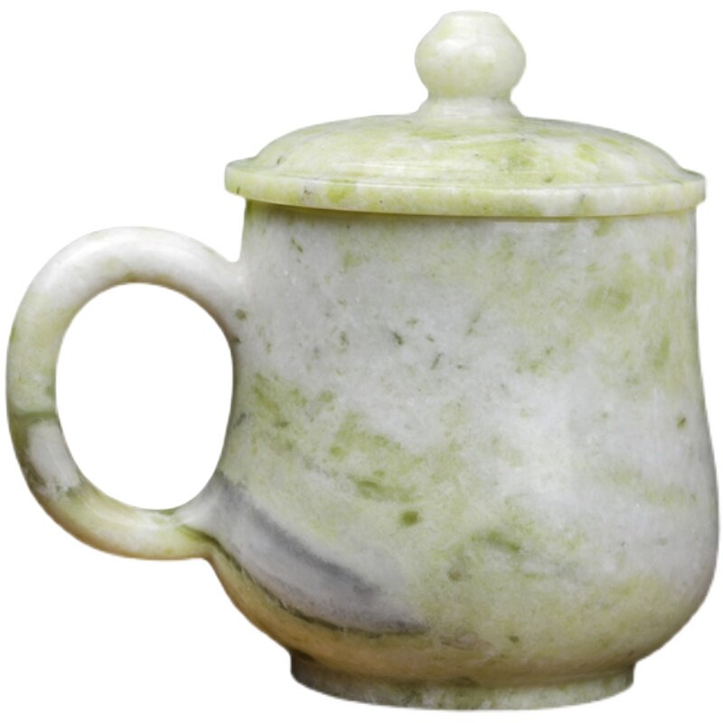 蓝田玉石玉雕带盖茶杯老式带手柄