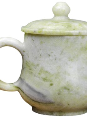 蓝田玉石玉雕带盖茶杯老式带手柄