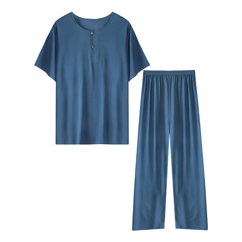 男中老年夏人造棉棉绸短袖长裤套绵绸睡衣套空调服家居服大码包邮