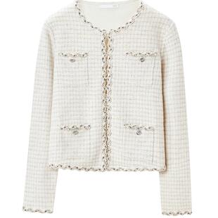 OVV秋冬女装丝绒织带装饰金银丝短款圆领休闲针织开衫