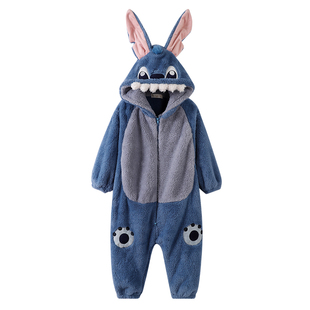 连体情侣睡衣男女冬季加厚珊瑚绒史迪仔动物法兰毛绒加大码家居服